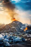 ai generado basura pila en basura tugurio foto