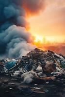 ai generado basura pila en basura tugurio foto