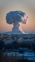 AI generated shot Nuclear explosion mushroom cloud over Russian city at winter morning Vertical Mobile Wallpaper photo
