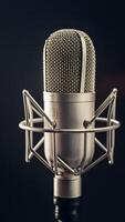 AI generated StockPhoto Closeup of microphone essence, conduit for voices and music Vertical Mobile Wallpaper photo