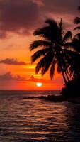 ai generado vibrante puesta de sol terminado tranquilo caribe línea costera, palma arboles silueta vertical móvil fondo de pantalla foto
