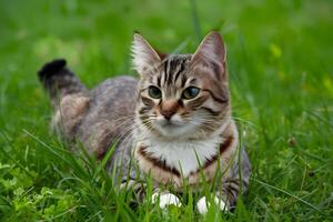 AI generated Adorable cat enjoys a leisurely moment on the lush grass photo