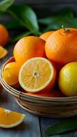 ai generado sabroso y delicioso naranja Fruta en cesta, Fresco sano Produce foto vertical móvil fondo de pantalla