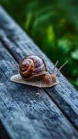 AI generated Snail crawls on wooden background in garden, nature macro photo Vertical Mobile Wallpaper