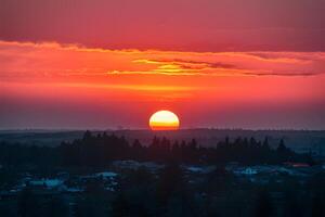 ai generado escena asombroso puesta de sol pinturas el cielo en sombras de naranja y rosado foto