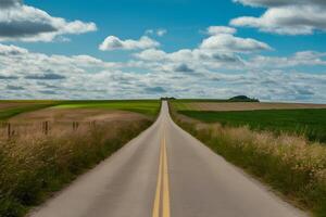 AI generated Rural road leads through picturesque countryside landscape photo