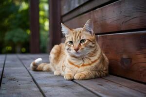 AI generated Ginger cat enjoys leisurely moment on wooden porch photo