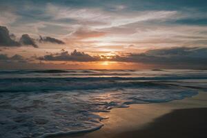 AI generated Photo West beach sunset captures waves, clouds, and sunshine