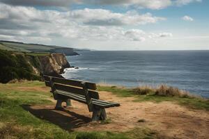 AI generated Empty bench on cliff overlooks peaceful sea, ideal for solitude photo