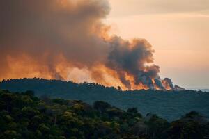 AI generated Forest fire emits smoke, casting ominous veil over trees photo