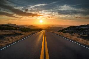 AI generated Asphalt road basks in sunrises warm glow photo