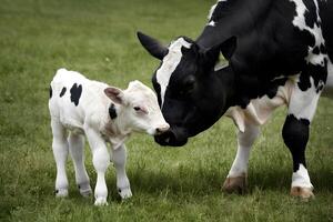 AI generated Newborn calf suckles in tender moment captured in detail photo