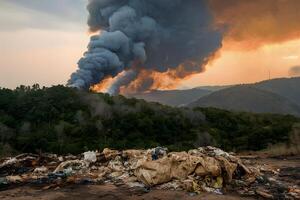 AI generated Black smoke billows as forest fire consumes woods and garbage photo