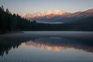 AI generated Tranquil sunrise illuminates the serene beauty of the lake photo