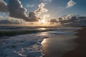 AI generated Photo West beach sunset captures waves, clouds, and sunshine