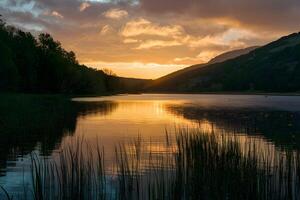 ai generado puestas de sol dorado matices emitir mágico resplandor terminado tranquilo lago escena foto
