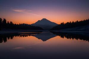 ai generado tranquilo escena refleja celestial silueta terminado iluminado agua superficie foto