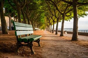 AI generated Mediterranean coasts charm captured in city park bench scene photo