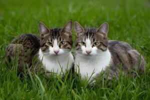 ai generado dos gatos disfrutar un pacífico momento juntos en el césped foto