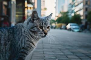 AI generated Gray street cat observes surroundings in outdoor urban setting photo