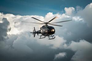 AI generated Small helicopter navigates through cloudy skies on its journey photo