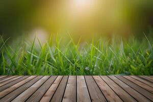 AI generated Wooden floor juxtaposed with blurred grass background offers tranquility photo