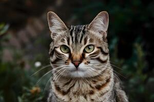 ai generado ver cerca arriba retrato de a rayas gato con verde ojos y bigotes foto