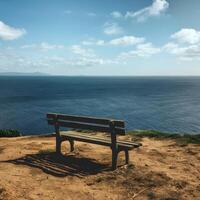 AI generated Empty bench on cliff overlooks peaceful sea, ideal for solitude For Social Media Post Size photo