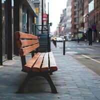 AI generated Wooden bench provides seating along bustling city street For Social Media Post Size photo