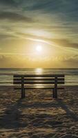 AI generated Bench bathed in sunlight offers a serene spot on the beach Vertical Mobile Wallpaper photo