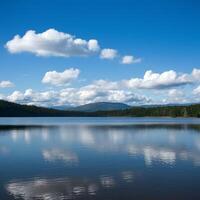 AI generated White clouds drift lazily over lake against blue sky backdrop For Social Media Post Size photo