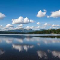 AI generated White clouds drift lazily over lake against blue sky backdrop For Social Media Post Size photo