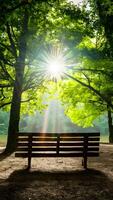 AI generated Bright sunlight illuminates wooden bench in tranquil park setting Vertical Mobile Wallpaper photo