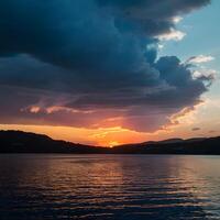 AI generated Sunset at the lake unfolds under dramatic dark clouds For Social Media Post Size photo