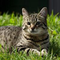 AI generated Img Tabby lounging outdoors, basking in sunlight on green grass For Social Media Post Size photo