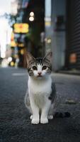 ai generado borroso antecedentes Destacar pequeño tailandés gato en encantador urbano ajuste vertical móvil fondo de pantalla foto