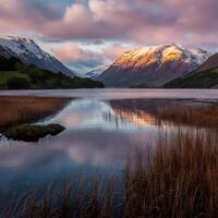 ai generado Escocia lago dunvegano bañado en dorado amanecer resplandor para social medios de comunicación enviar Talla foto