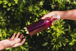 mujer mano dando un vaso botella de nutritivo jugo bebida con planta hoja antecedentes. foto