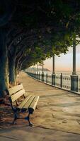AI generated Mediterranean coasts charm captured in city park bench scene Vertical Mobile Wallpaper photo