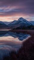 ai generado amanecer cielo reflejar en tranquilo aguas de lago dunvegano vertical móvil fondo de pantalla foto