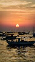 AI generated Fishing boats dot serene seascape against sunrise backdrop Vertical Mobile Wallpaper photo