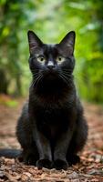 ai generado linda negro gato huelgas un encantador pose, capturar corazones vertical móvil fondo de pantalla foto