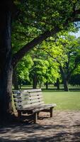 AI generated Wooden bench in park on sunny day, perfect for relaxation Vertical Mobile Wallpaper photo