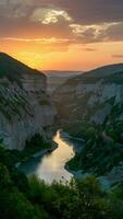 AI generated Sunset paints Danube Gorge in Djerdap, Serbia, with golden light Vertical Mobile Wallpaper photo