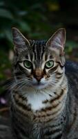 ai generado enigmático gato cautiva con perforación verde ojos en al aire libre ajuste vertical móvil fondo de pantalla foto