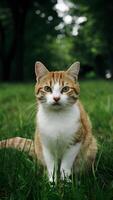 ai generado jengibre y blanco extraviado gato disfruta sin prisa día en parque vertical móvil fondo de pantalla foto