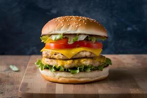 AI generated Delicious chicken burger adorned with tomato, cheese, and lettuce photo