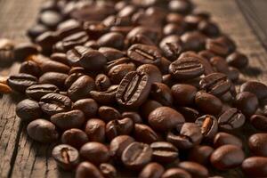 AI generated Display Close up of coffee beans on a wooden table surface photo