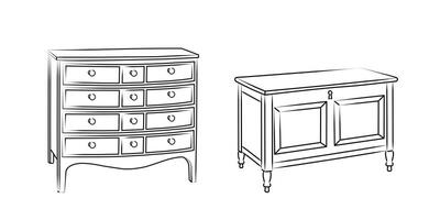 Line sketch set of a chest of drawers, dresser. Design piece of furniture for storage. Isolated vector