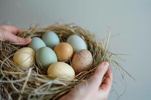 AI generated Close-Up of Hands Holding a Nest With Easter Eggs photo